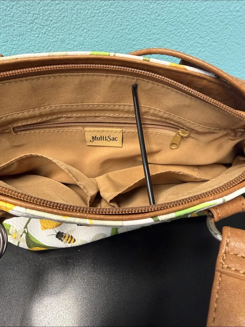 Juilli Sac Lemon Print Satchel with Brown Trim
